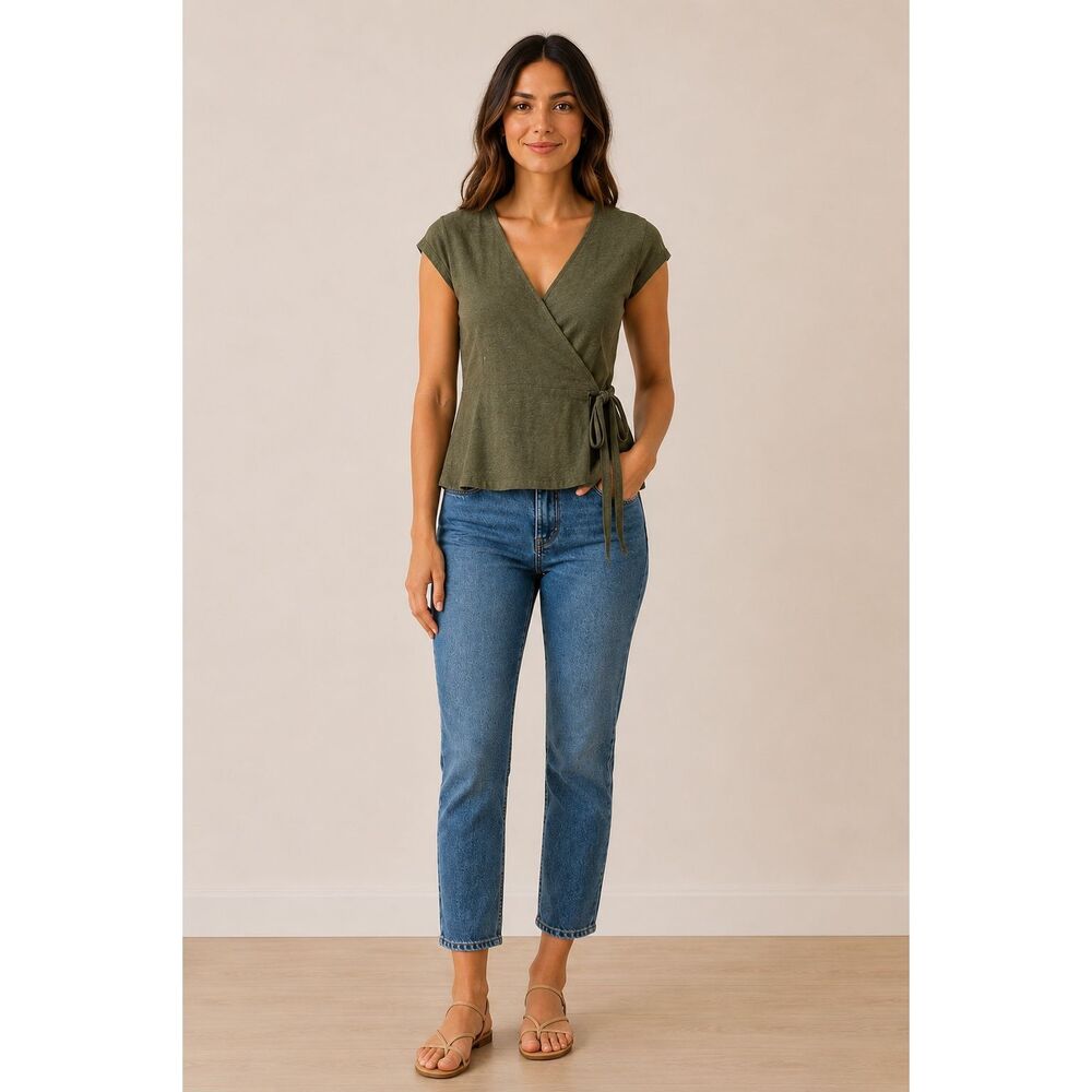Banana Republic 100% Linen Green Wrap Top Short Sleeve V-neck Medium #200